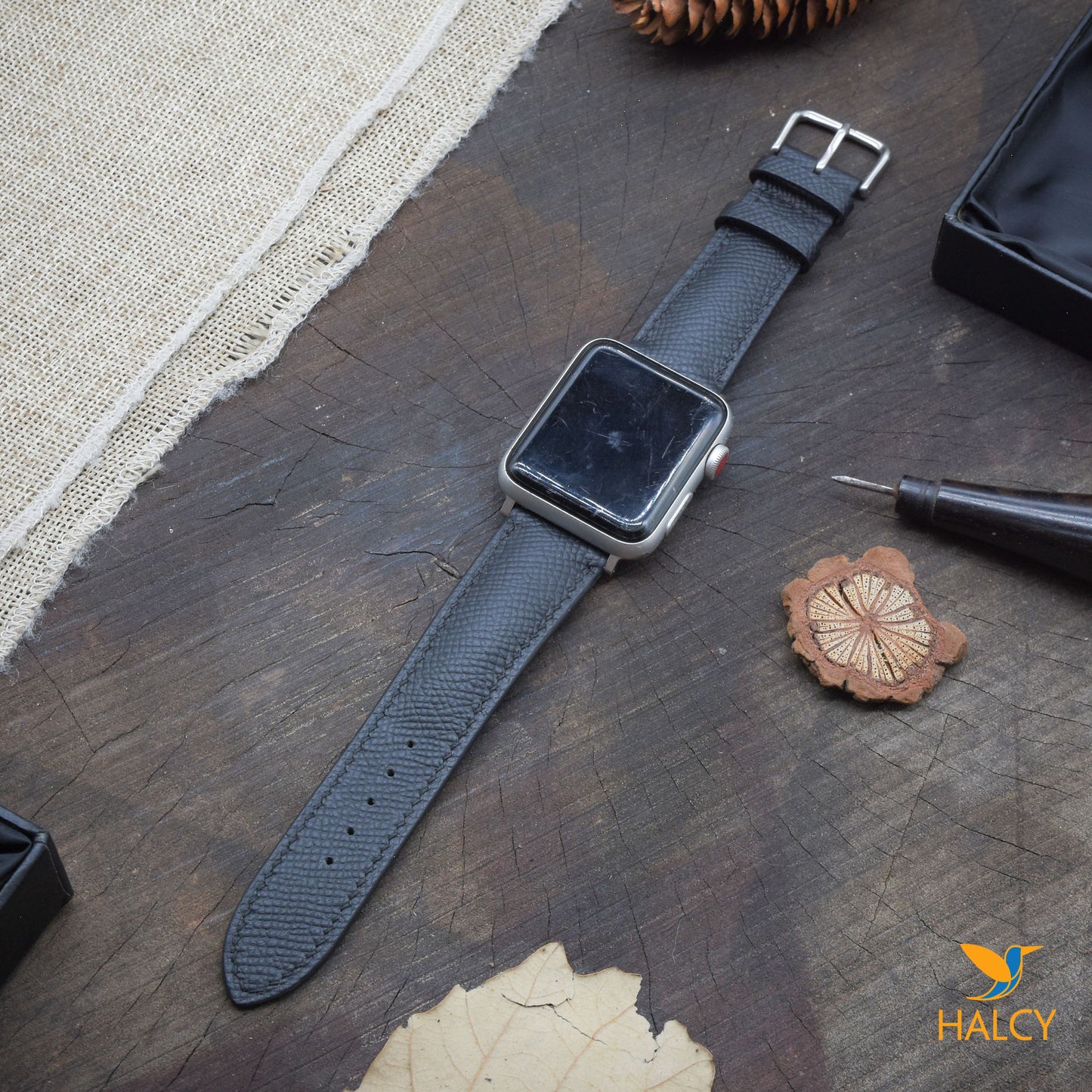 Handmade  Epsom Calf Leather Watch Band Fit for Apple watch Series 8, 7, 6, 5, 4, 3 : Choice of adapters and buckle color