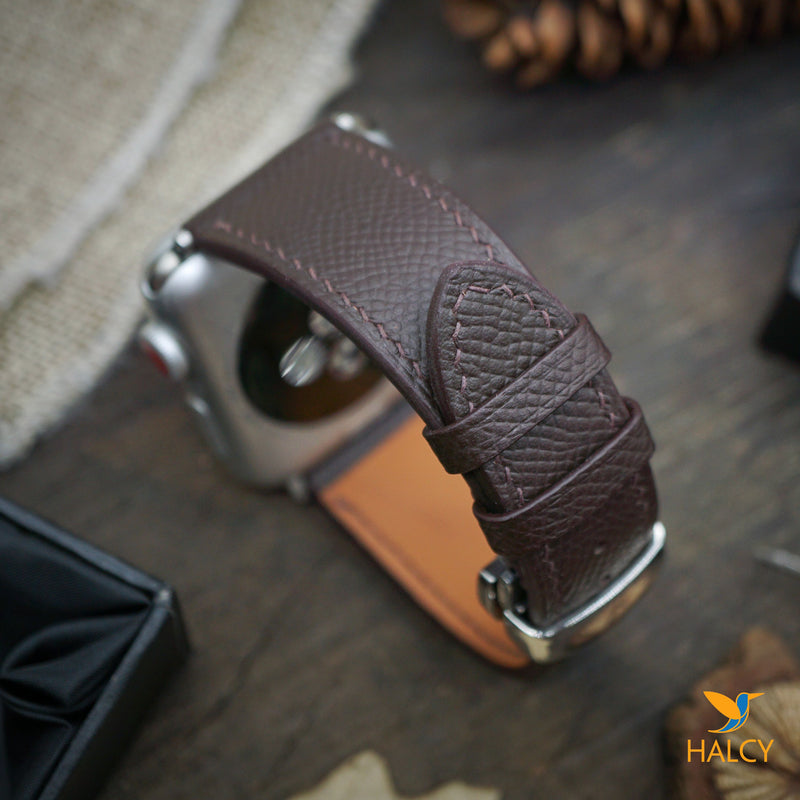 Custom Handmade Brown Epsom Calf Leather Watch Band Fit for Apple watch Series 8, 7, 6, 5, 4, 3 : Choice of adapters and Steel Butterfly Clasp color