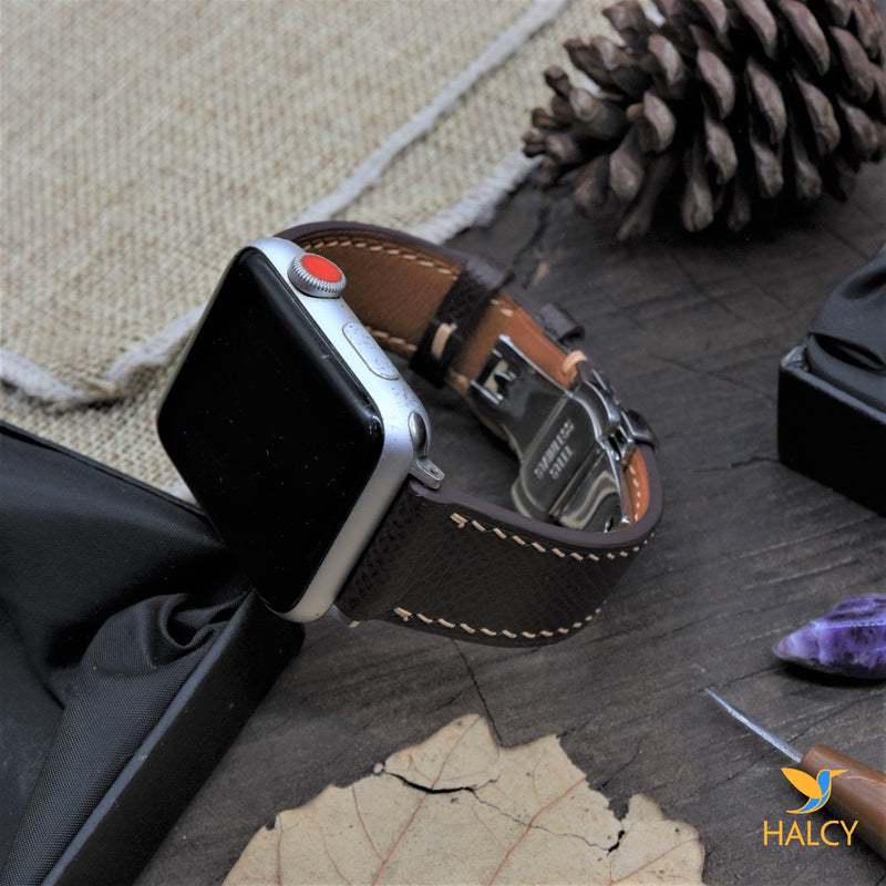 Handcrafted Apple Watch strap from French Epsom calfskin - Butterfly buckle, buckle color selection