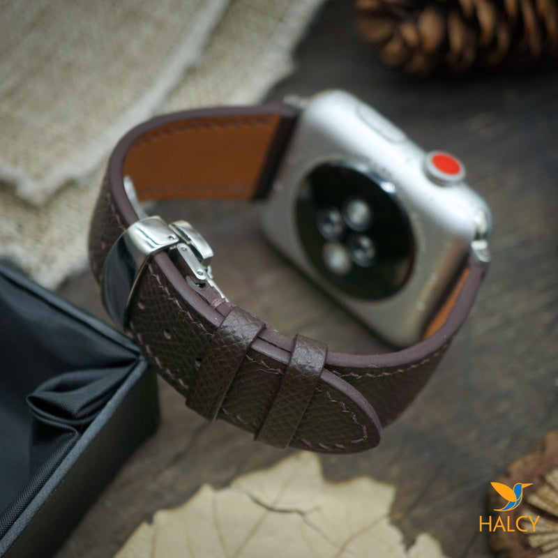 Custom Handmade Brown Epsom Calf Leather Watch Band Fit for Apple watch Series 8, 7, 6, 5, 4, 3 : Choice of adapters and Steel Butterfly Clasp color