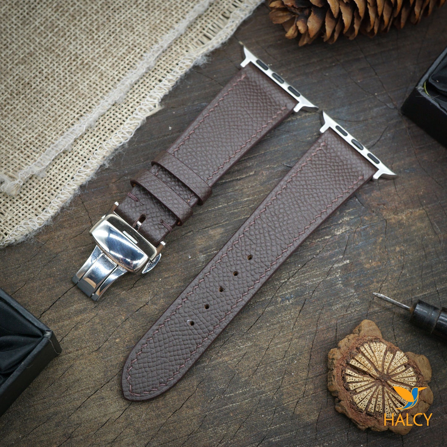 Custom Handmade Epsom Calf Leather Watch Band Fit for Apple watch Series 8, 7, 6, 5, 4, 3 : Choice of adapters and Steel Butterfly Clasp color