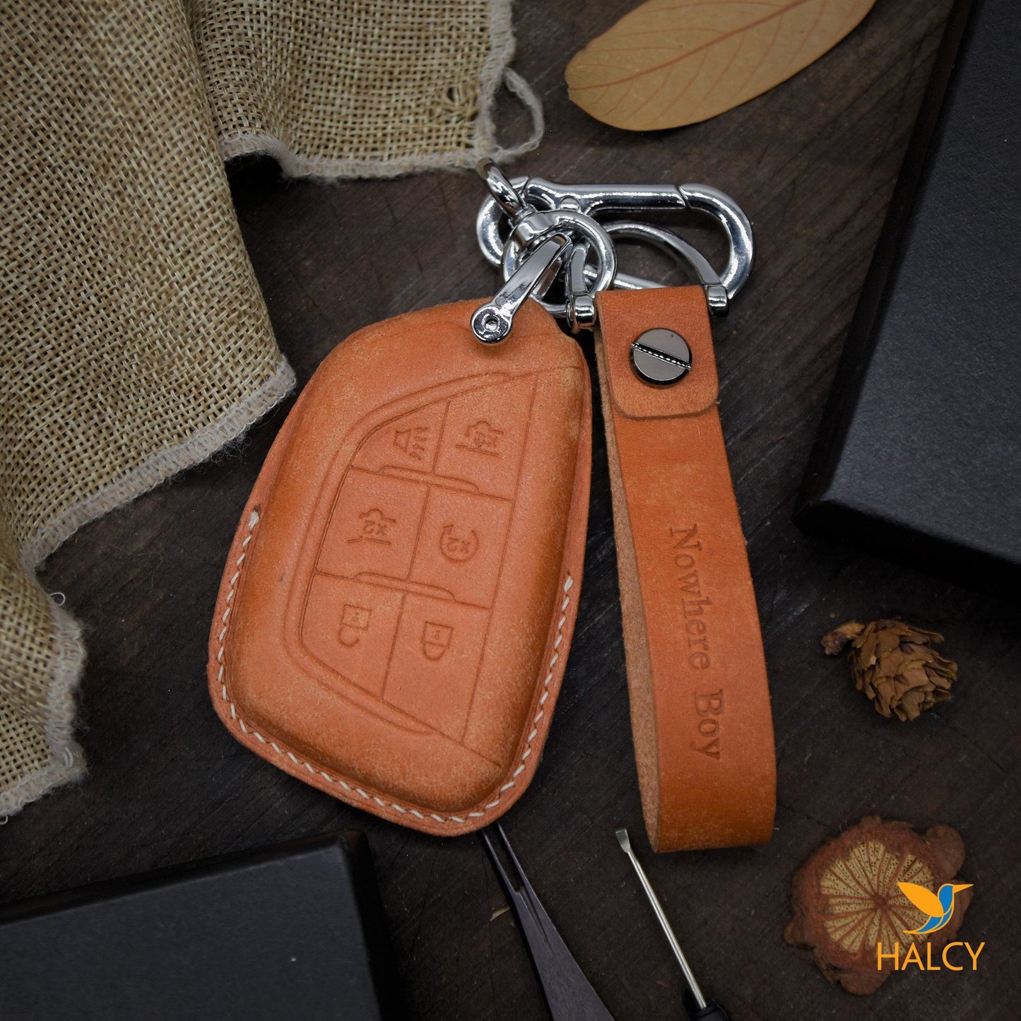 Leather Car Key Fob Cover Fits for Cadillac Escalade 6 buttons 2021,  Personalized Keychain