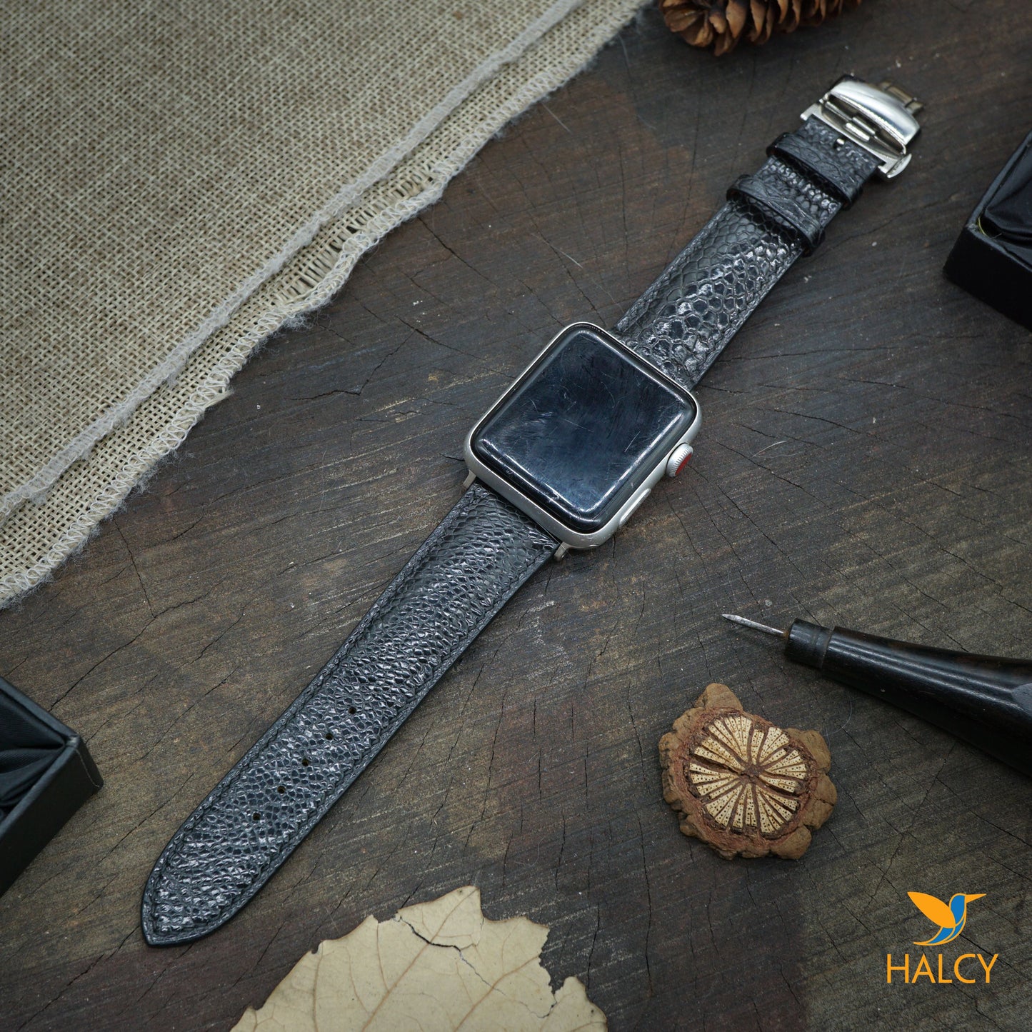 Custom Handmade Ostrich Leg Leather Watch Band Fit for Apple watch Series 8, 7, 6, 5, 4, 3 : Choice of adapters and Steel Butterfly Clasp color