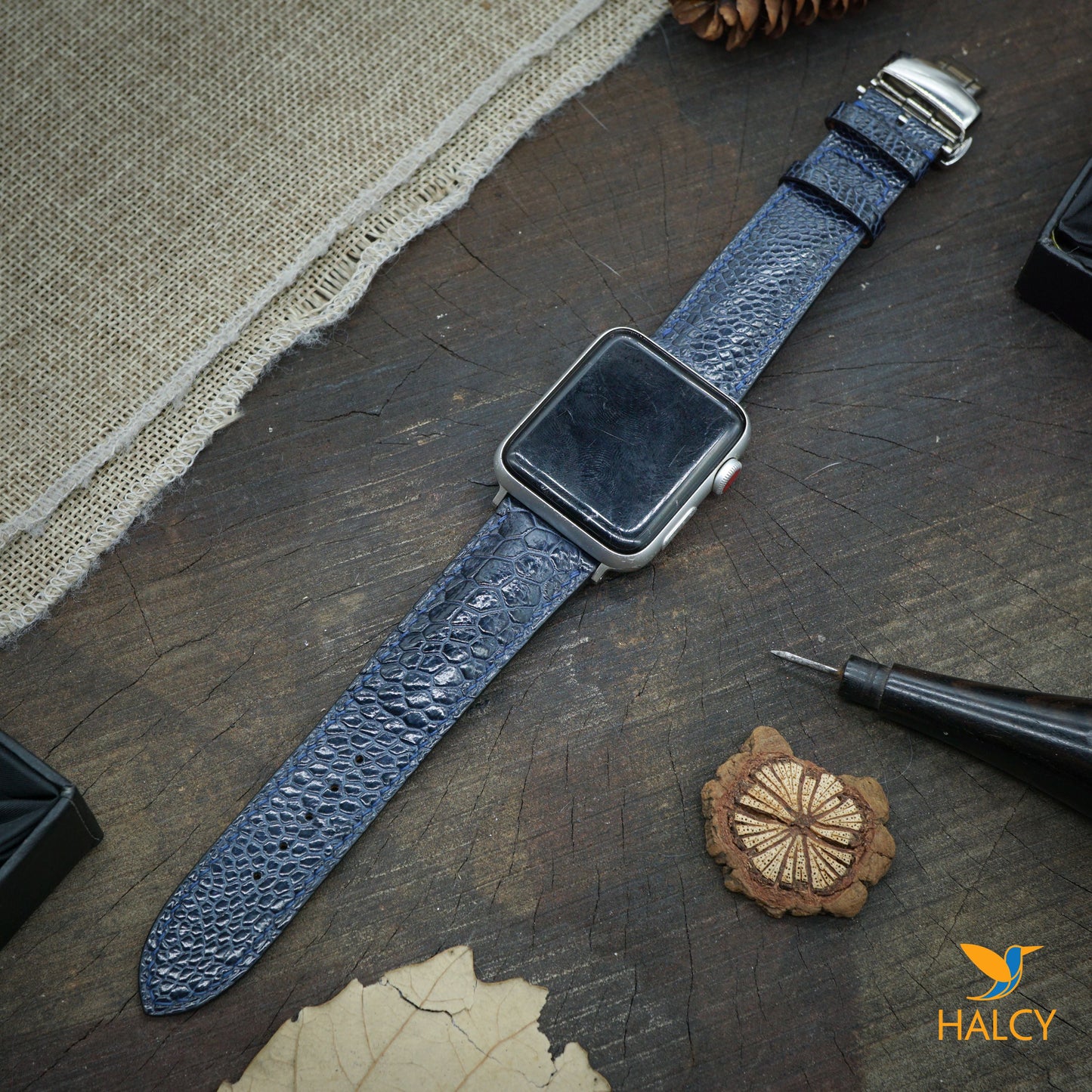 Custom Handmade Ostrich Leg Leather Watch Band Fit for Apple watch Series 8, 7, 6, 5, 4, 3 : Choice of adapters and Steel Butterfly Clasp color