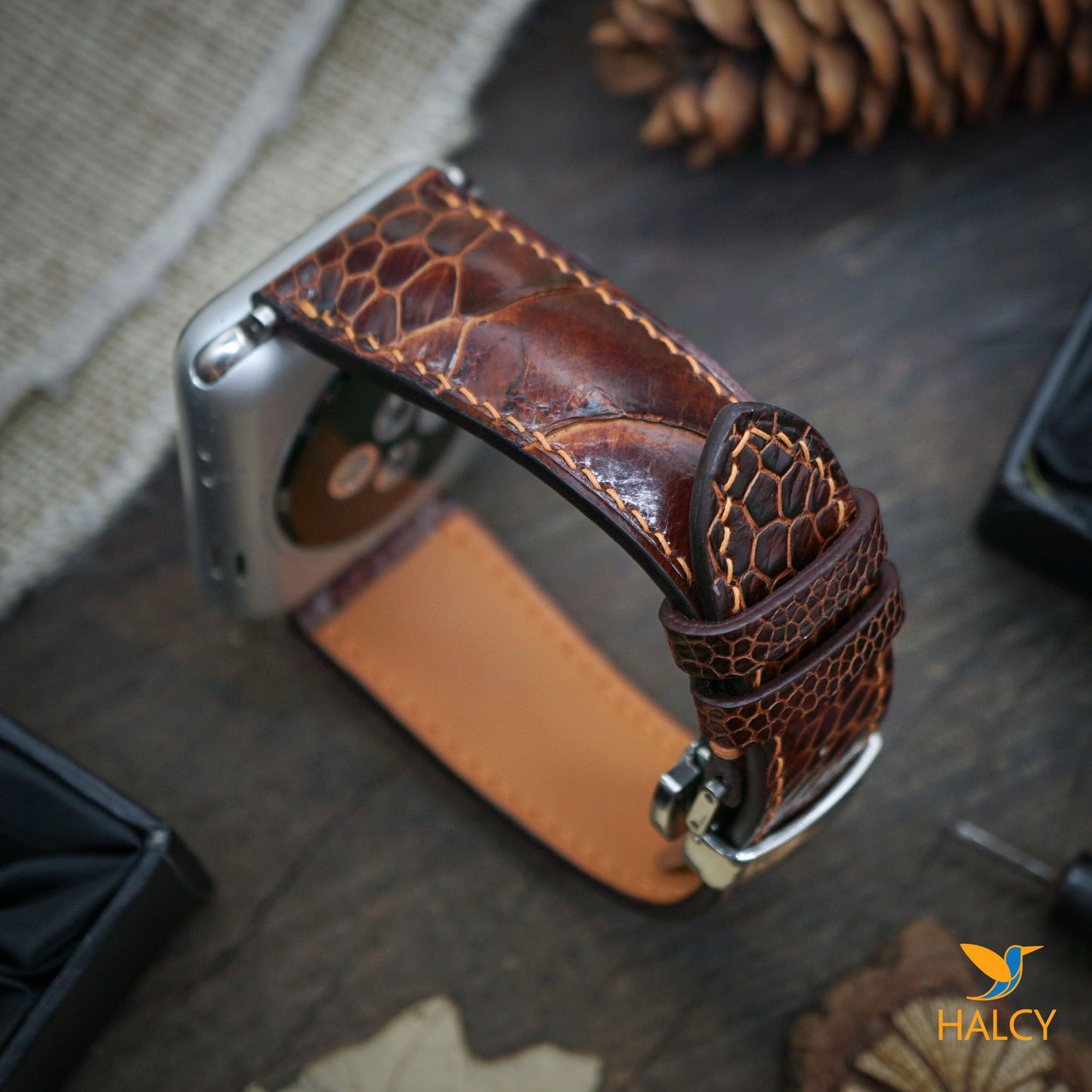 Custom Handmade  Ostrich Leg Leather Watch Band Fit for Apple watch Series 8, 7, 6, 5, 4, 3 : Choice of adapters and Steel Butterfly Clasp color