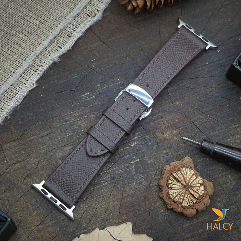 Custom Handmade Brown Epsom Calf Leather Watch Band Fit for Apple watch Series 8, 7, 6, 5, 4, 3 : Choice of adapters and Steel Butterfly Clasp color