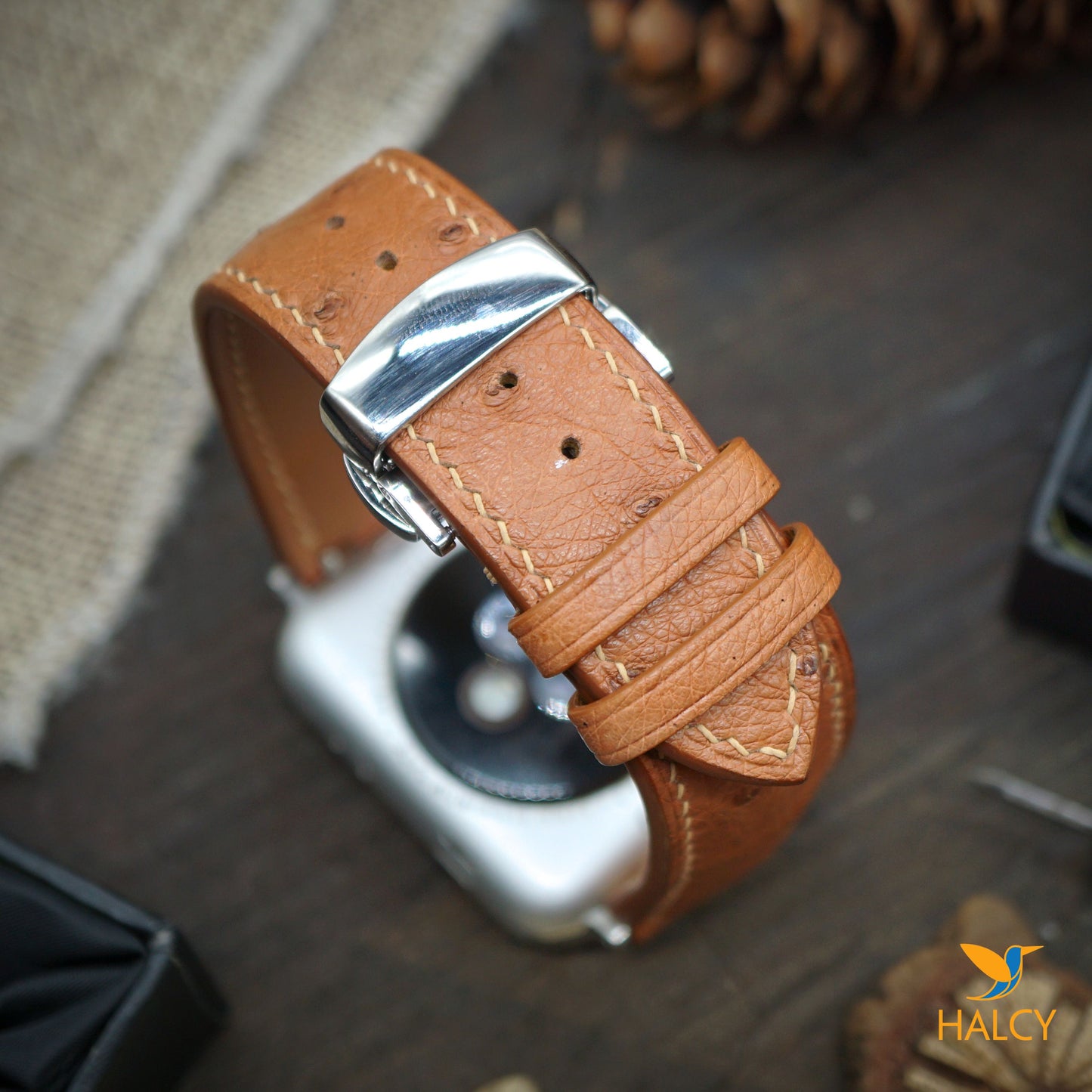 Custom Handmade  Ostrich Leather Watch Band Fit for Apple watch Series 8, 7, 6, 5, 4, 3 : Choice of adapters and Steel Butterfly Clasp color