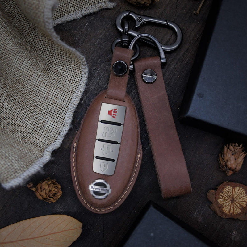 Leather Key Fob Cover fit for Nissan Altima, Armada, Frontier,  Kicks, Leaf,  Maxima, Murano, Pathfinder, Quest, Rogue, Sentra, Titan, Versa, Personalized keychain