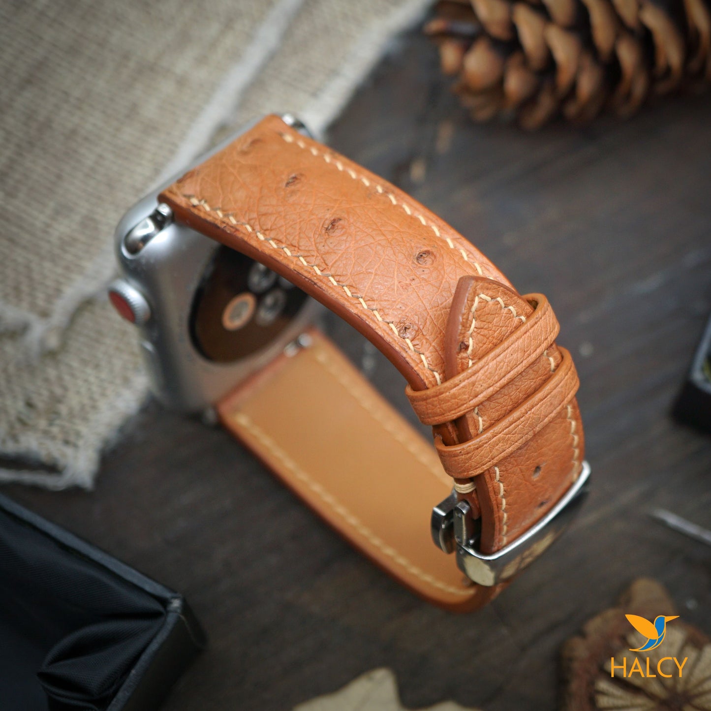 Custom Handmade  Ostrich Leather Watch Band Fit for Apple watch Series 8, 7, 6, 5, 4, 3 : Choice of adapters and Steel Butterfly Clasp color