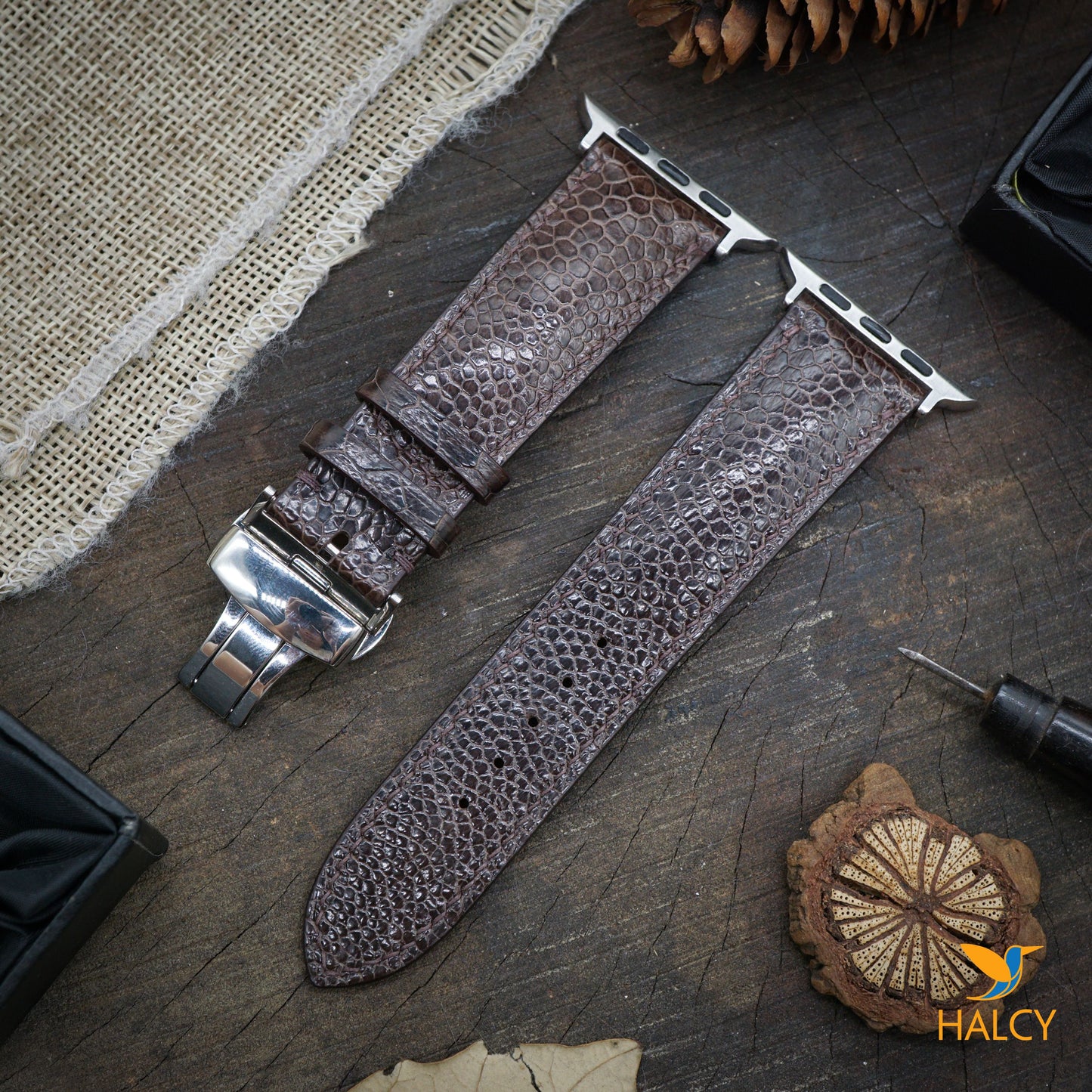 Custom Handmade Ostrich Leg Leather Watch Band Fit for Apple watch Series 8, 7, 6, 5, 4, 3 : Choice of adapters and Steel Butterfly Clasp color