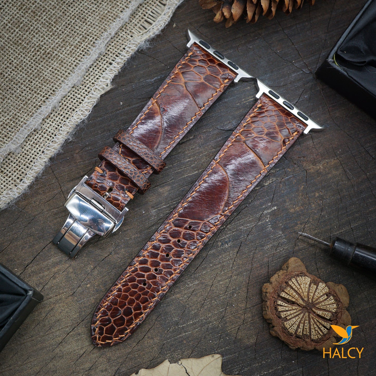 Custom Handmade  Ostrich Leg Leather Watch Band Fit for Apple watch Series 8, 7, 6, 5, 4, 3 : Choice of adapters and Steel Butterfly Clasp color