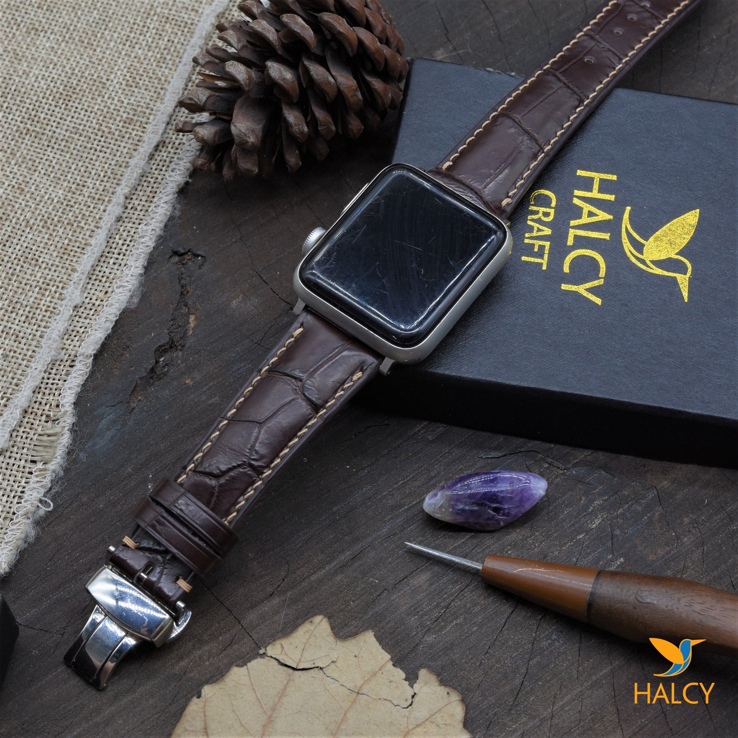 Custom Handmade Brown Alligator Leather Watch Band Fit for Apple watch Series 8, 7, 6, 5, 4, 3 : Choice of adapters and Steel Butterfly Clasp color