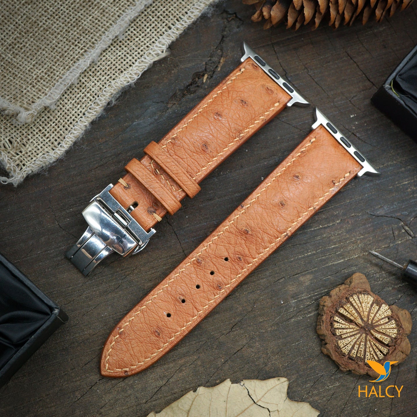 Custom Handmade  Ostrich Leather Watch Band Fit for Apple watch Series 8, 7, 6, 5, 4, 3 : Choice of adapters and Steel Butterfly Clasp color