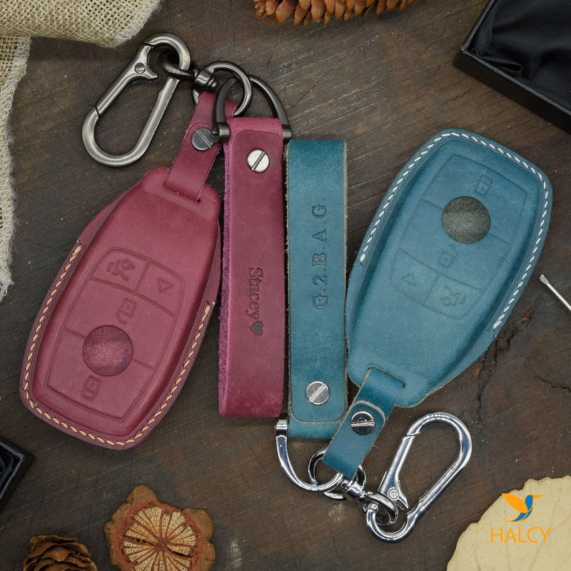 Custom Leather Key Fob Cover Fit for Mercedes Benz 2017-2021, E-Class 2018-2021, S-Class 2019-2021, A-Class C, G-Class with Keychain Initials embossing