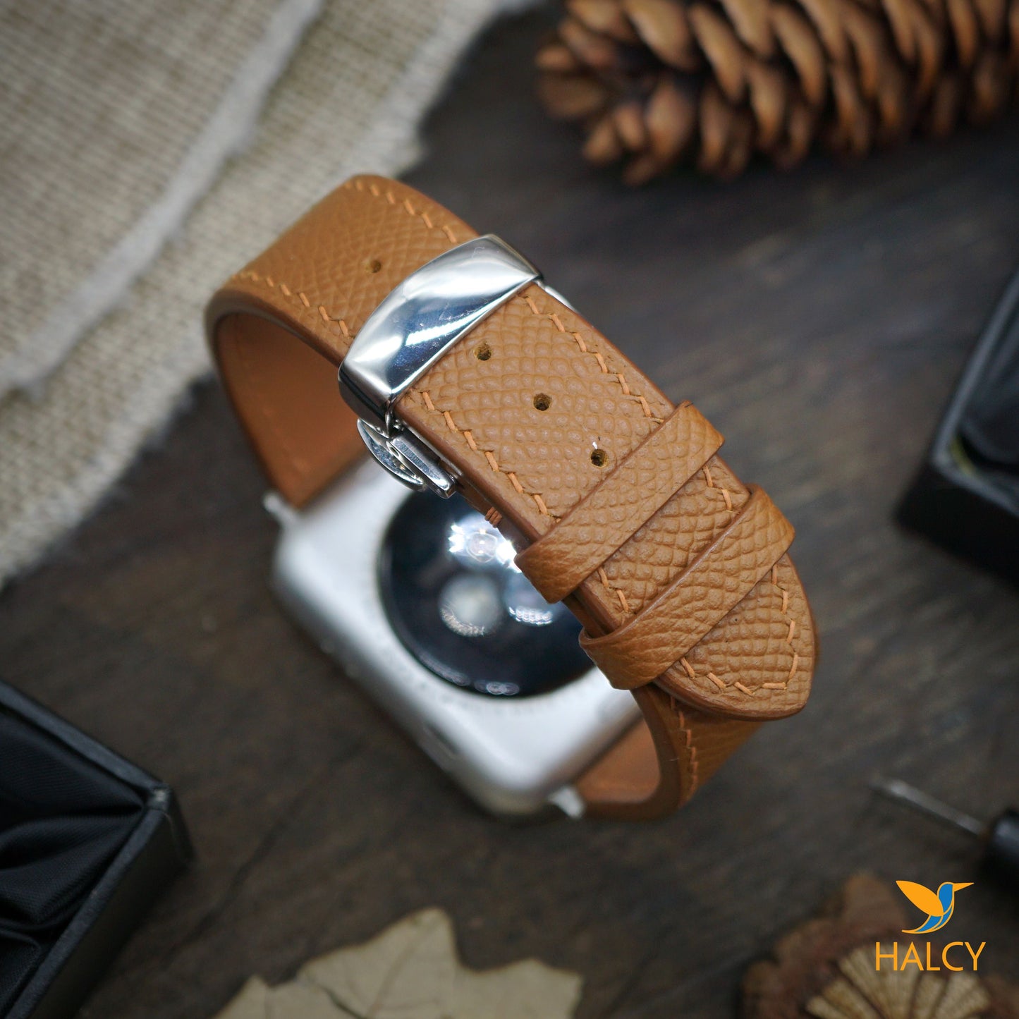 Custom Handmade Epsom Calf Leather Watch Band Fit for Apple watch Series 8, 7, 6, 5, 4, 3 : Choice of adapters and Steel Butterfly Clasp color