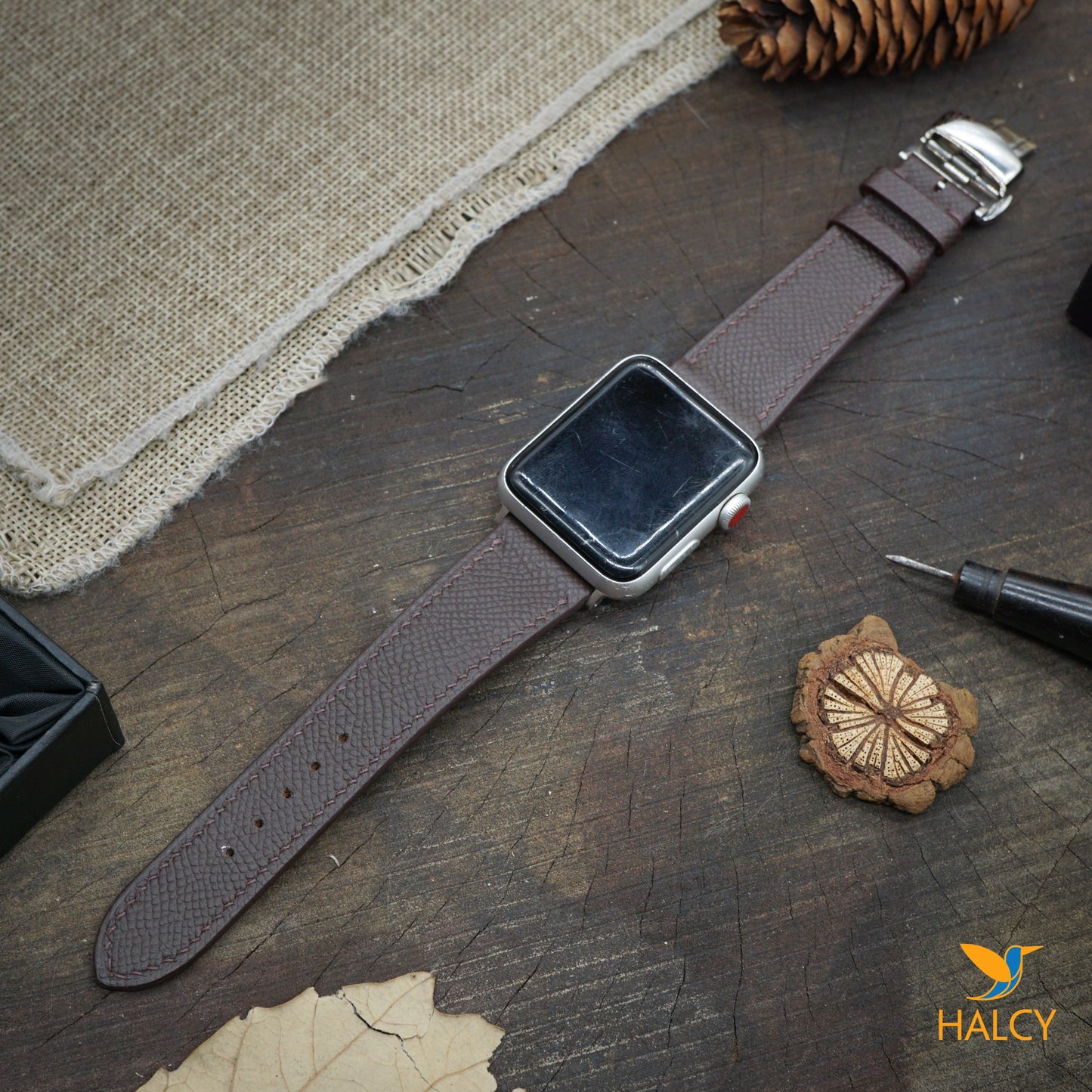 Custom Handmade Brown Epsom Calf Leather Watch Band Fit for Apple watch Series 8, 7, 6, 5, 4, 3 : Choice of adapters and Steel Butterfly Clasp color