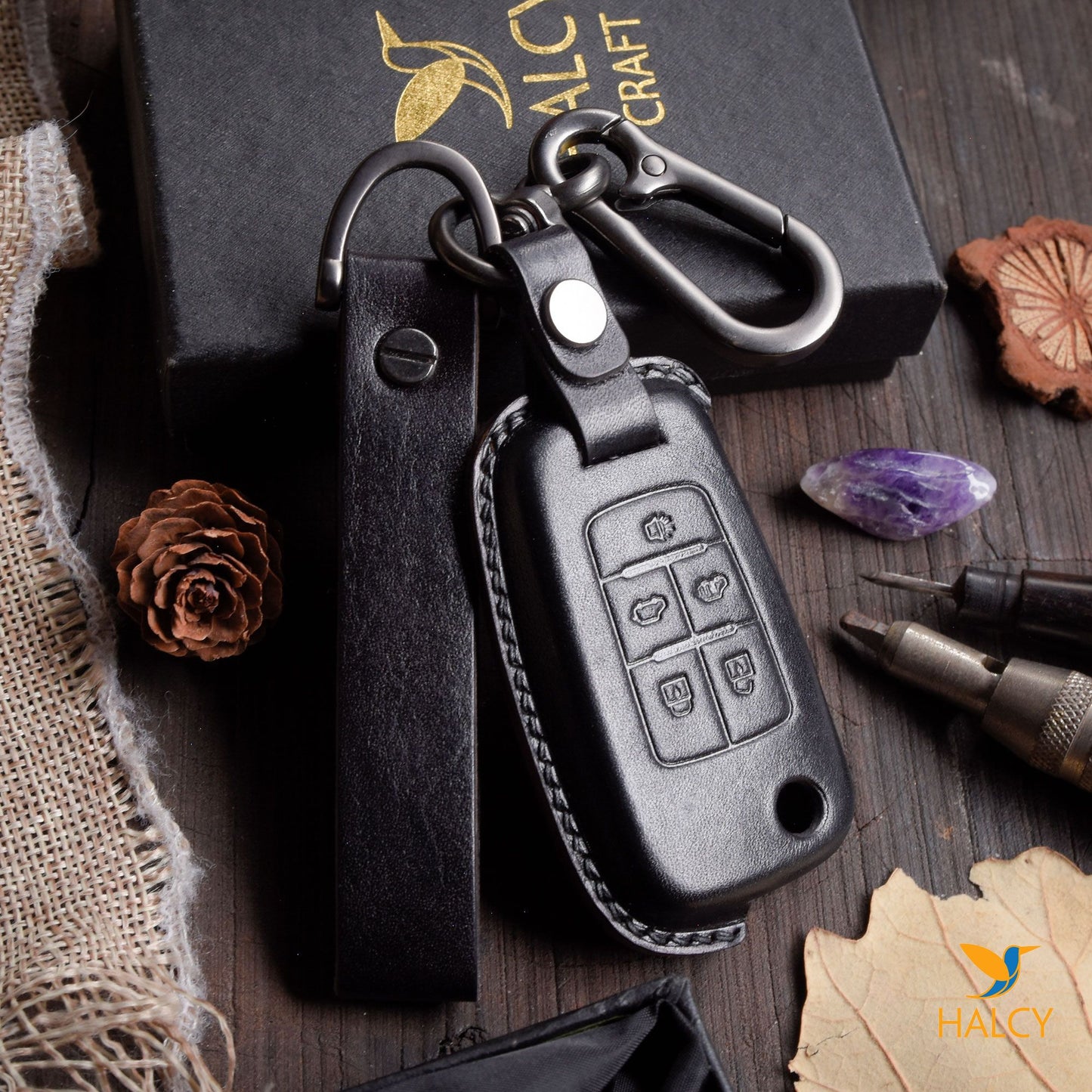 Leather Car Key Fob Cover Fits for Chevrolet Impala, Camaro, Cruze, Equinox, Malibu, Sonic 5 Buttons,  Personalized Keychain