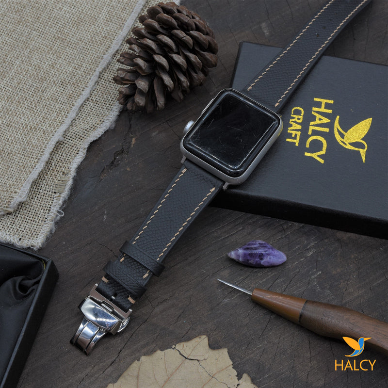 Handcrafted Apple Watch strap from French Epsom calfskin - Butterfly buckle, buckle color selection