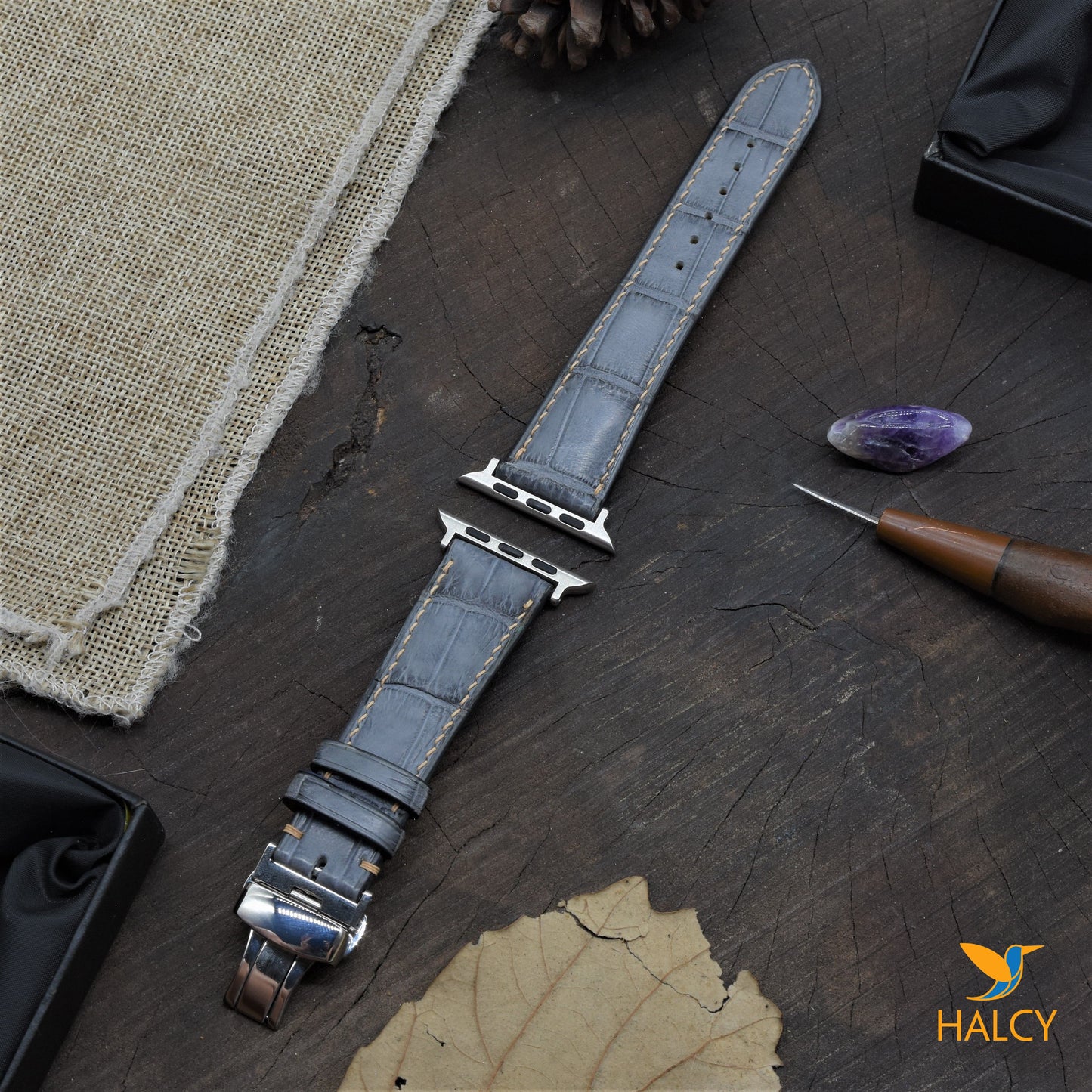 Custom Handmade Brown Alligator Leather Watch Band Fit for Apple watch Series 8, 7, 6, 5, 4, 3 : Choice of adapters and Steel Butterfly Clasp color