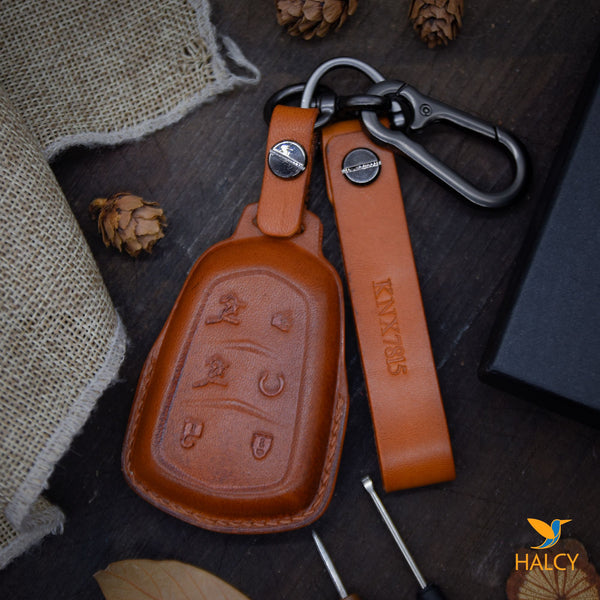 Leather Car Key Fob Cover Fits for Escalade CT6, XT5, CTS, XTS, SRX, XT4, ATS, Personalized Keychain