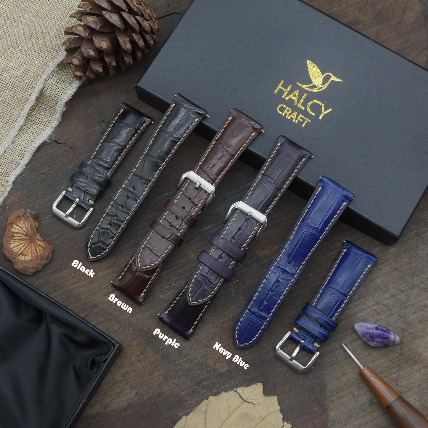 Black Alligator Leather Watch strap with quick-release spring bars. Choice of Width - 16mm, 18mm, 20mm, 22mm, 24mm, Etc..